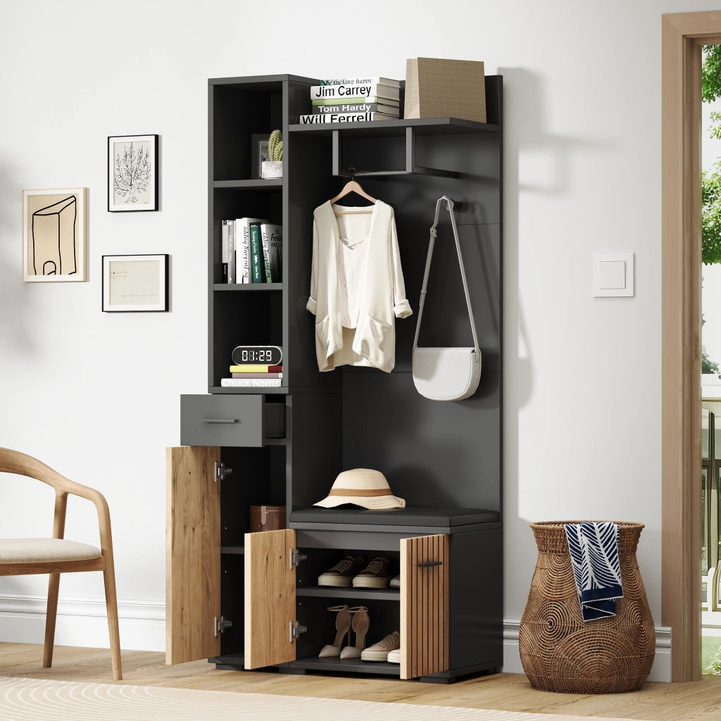Mobile ingresso con 2 armadi; 1 cassetto; 5 vani; 2 ganci e panca; in pannello truciolare; 80 × 35 × 175 cm