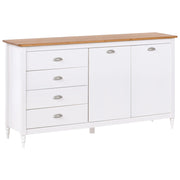 Credenza bianca a 2 ante e 4 cassetti, mobile contenitore in stile scandinavo con piano in legno
