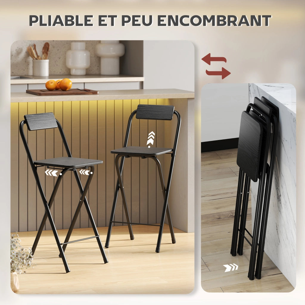 Sgabello da bar pieghevole con schienale ¨C ZephMum ¨C 2 pezzi, nero, struttura in metallo, 87 cm