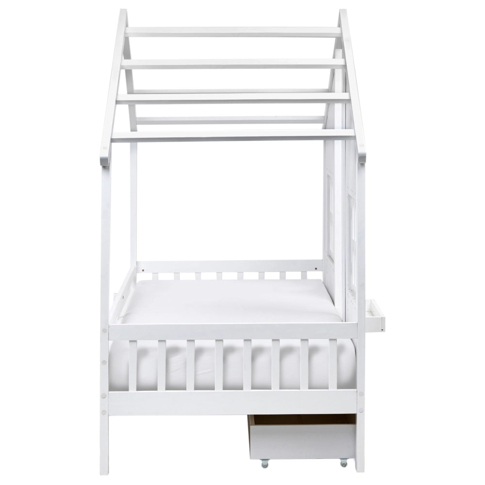Letto in legno di pino per bambini a forma di casa con cassetti bianchi 90 x 200 cm cameretta
