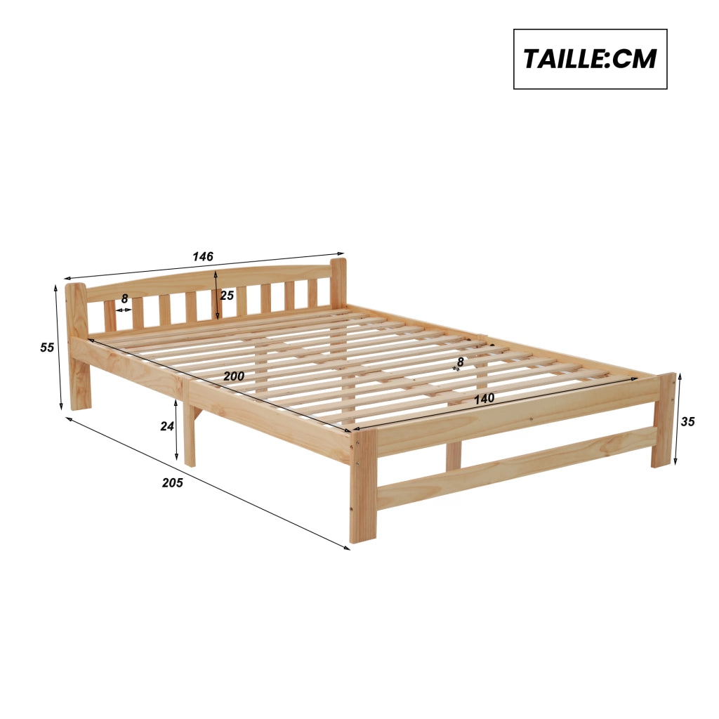 Letto Matrimoniale Letto in Legno Massello con Testiera e 15 Doghe; Superficie 140 × 200 cm; senza Materasso; Naturale
