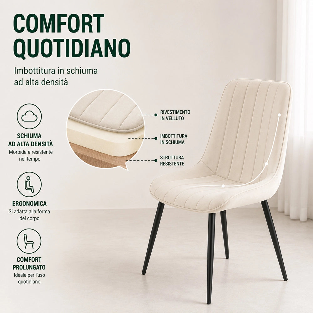 Set 4 Sedie da Pranzo Seduta Ergonomica 43x52x85 cm Struttura in Acciaio in Velluto Crema
