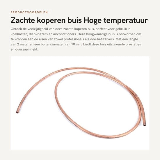 Tubazione di rame morbida - Resistente a elevate temperature - 2 metri - 10 mm e 8 mm - Resistente alla corrosione - Adatto per la raffreddamento - Rame