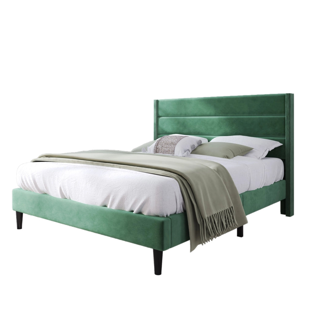 Letto Matrimoniale 140 x 200 cm con Testiera Imbottita; senza Materasso; in Velluto; Verde Scuro