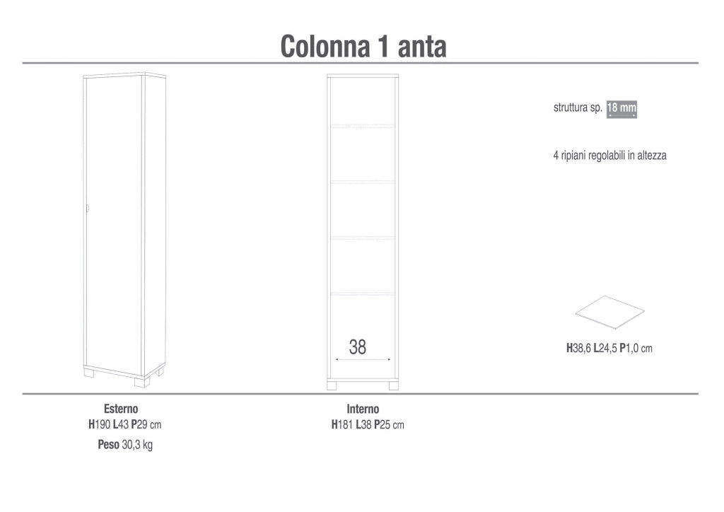 Armadio 1 Anta 43x190x29 cm Olmo Chiaro