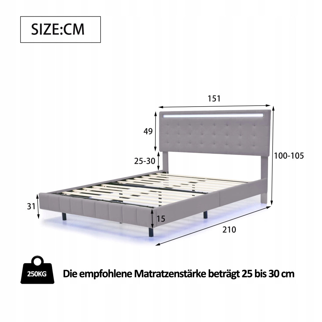 Letto imbottito 140x200 grigio con illuminazione a LED - Xylo