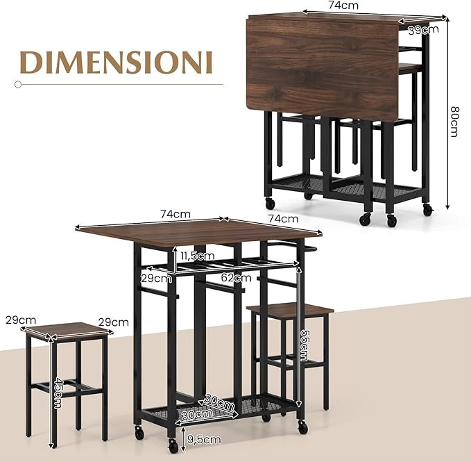 Set Tavolo da Pranzo Pieghevole 3 Pezzi, Tavolo da Cucina Estendibile con 2 Sgabelli, Set Tavolo da Pranzo con Ruote e Portabottiglie da 6 Posti, Ripiani e Maniglia Laterale(Marrone)