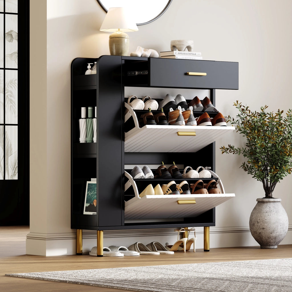 Scarpiera Slim con Ante, Cassetto e Ripiani ¨C MINIMAL ¨C Bianco/Nero, 80x24x105 cm