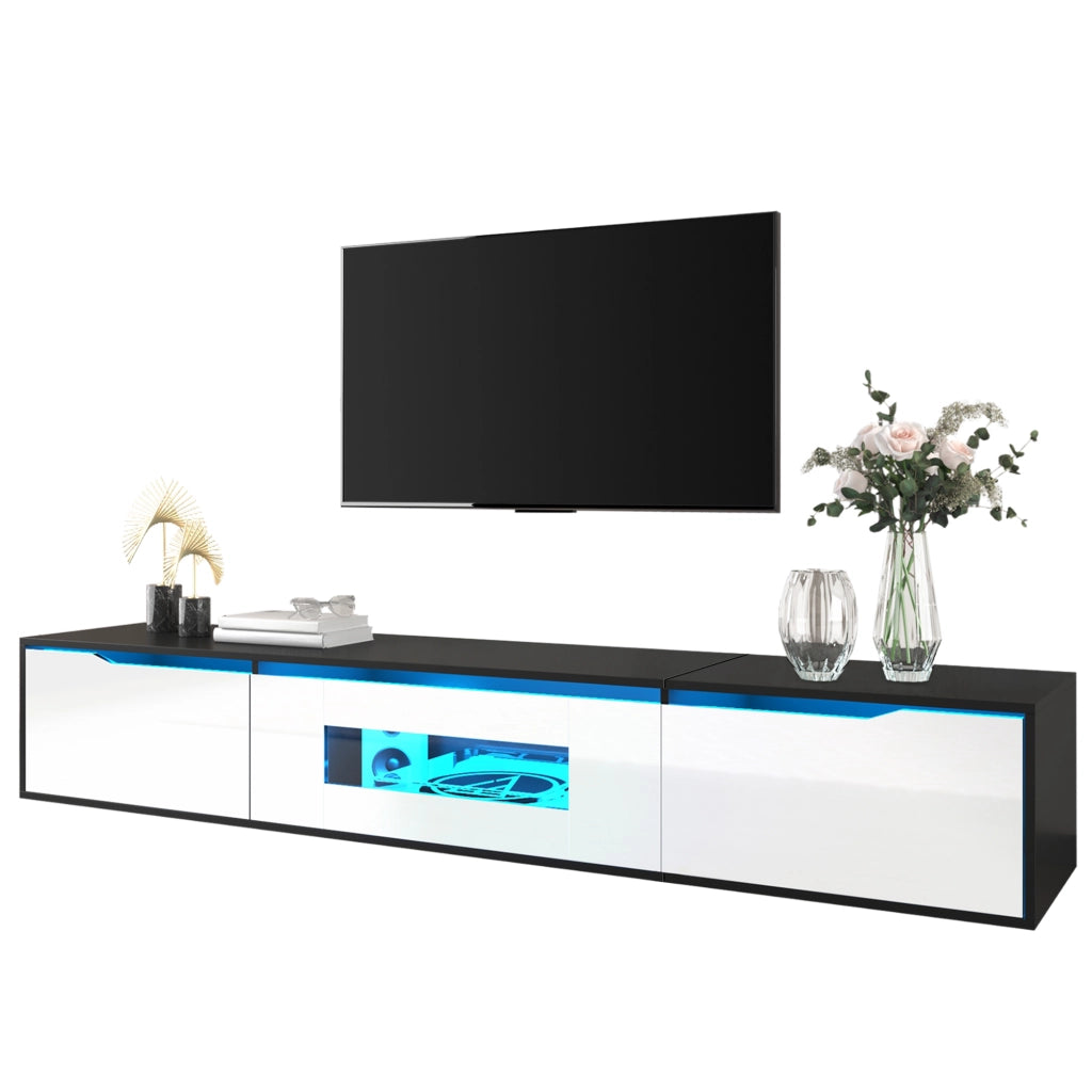 Mobile TV con 2 Ante Traforate e LED USB; Lucido Nero e Bianco; Stile Moderno; 180??35??30 cm; in MDF