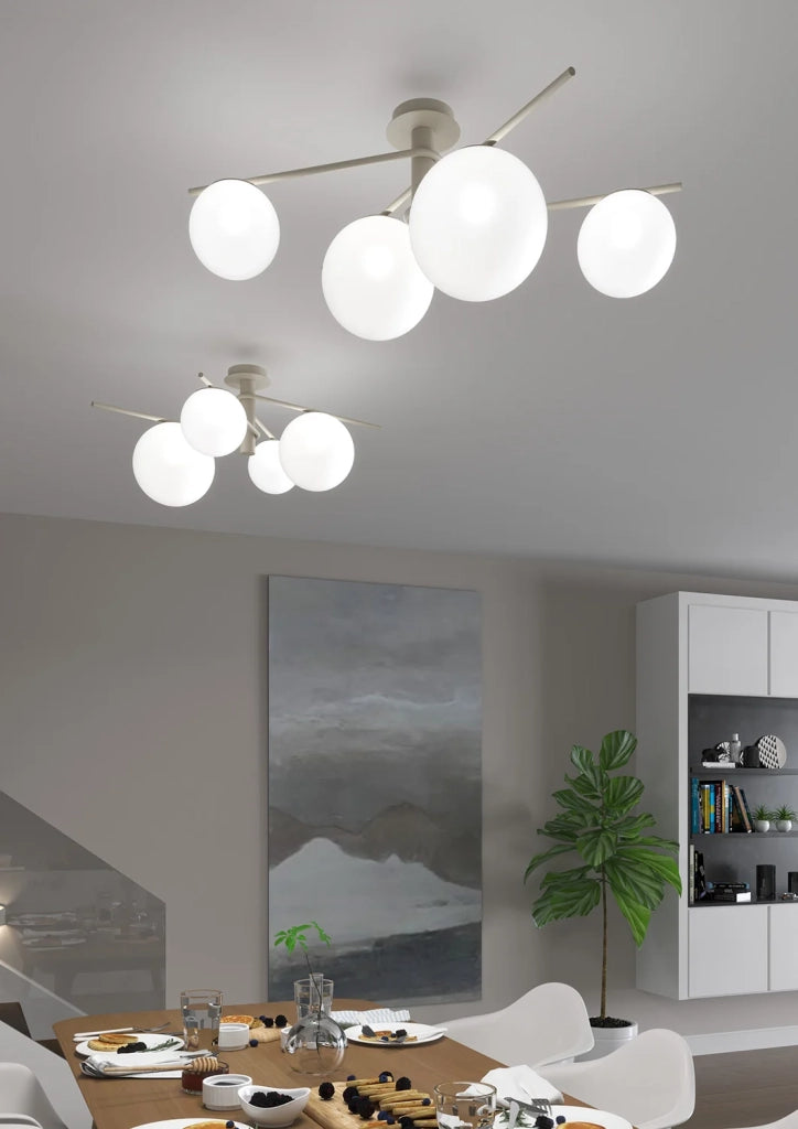 Lampadario Contemporaneo Boomerang Metallo Sabbia Vetro Bianco 4 Luci E27
