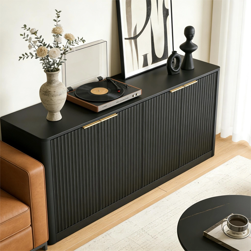 Credenza con 4 ante e vani chiusi; per soggiorno; in MDF; 150×40×70.5 cm; nera
