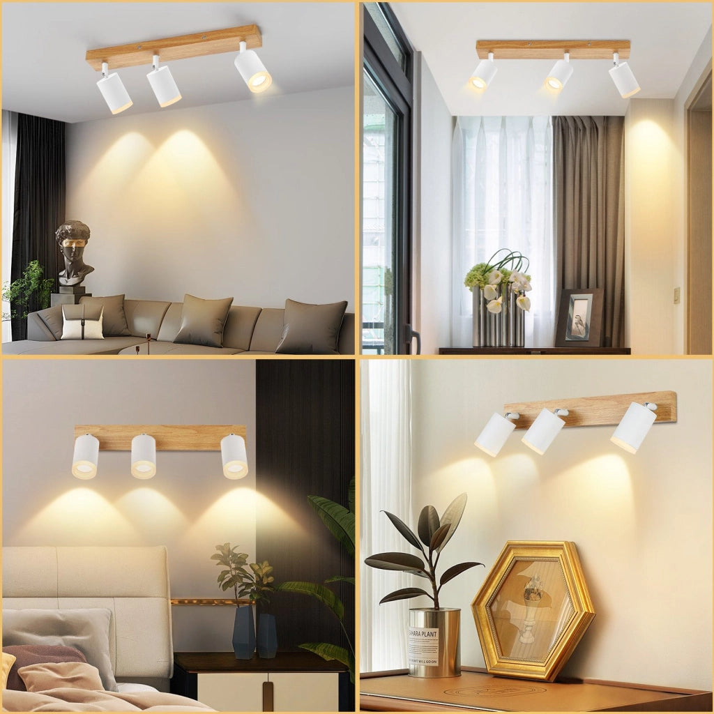 ZMH Faretto da soffitto 3 luci GU10 legno acrilico girevoli 350° per soggiorno