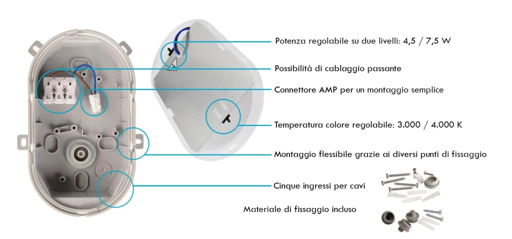 Plafoniera ovale IP54 tartaruga LED interruttore CCT doppia potenza luce parete soffitto cantina garage parcheggio balcone 230V colore BIANCO