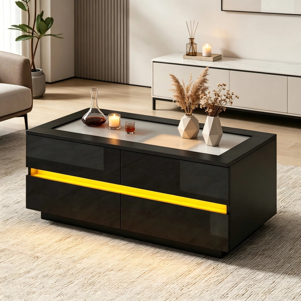 Tavolino da salotto nero 100¡Á50¡Á40 cm con 4 cassetti, piano in vetro temperato, LED e frontali lucidi