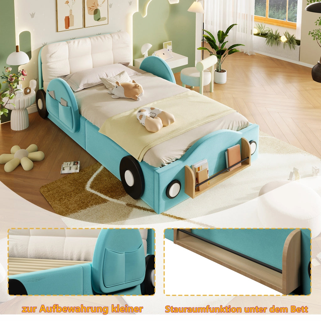Letto imbottito con contenitore 90 × 200 cm in flanella blu con tasche laterali e grande cuscino