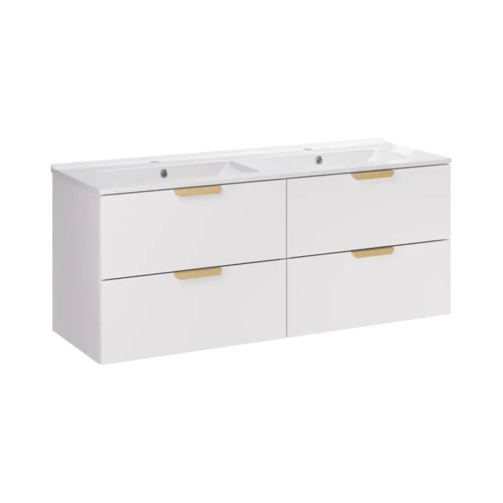 Set da bagno sospeso OSTER 120cm: mobile sotto lavabo con cassetti bianco + doppio lavabo incassato