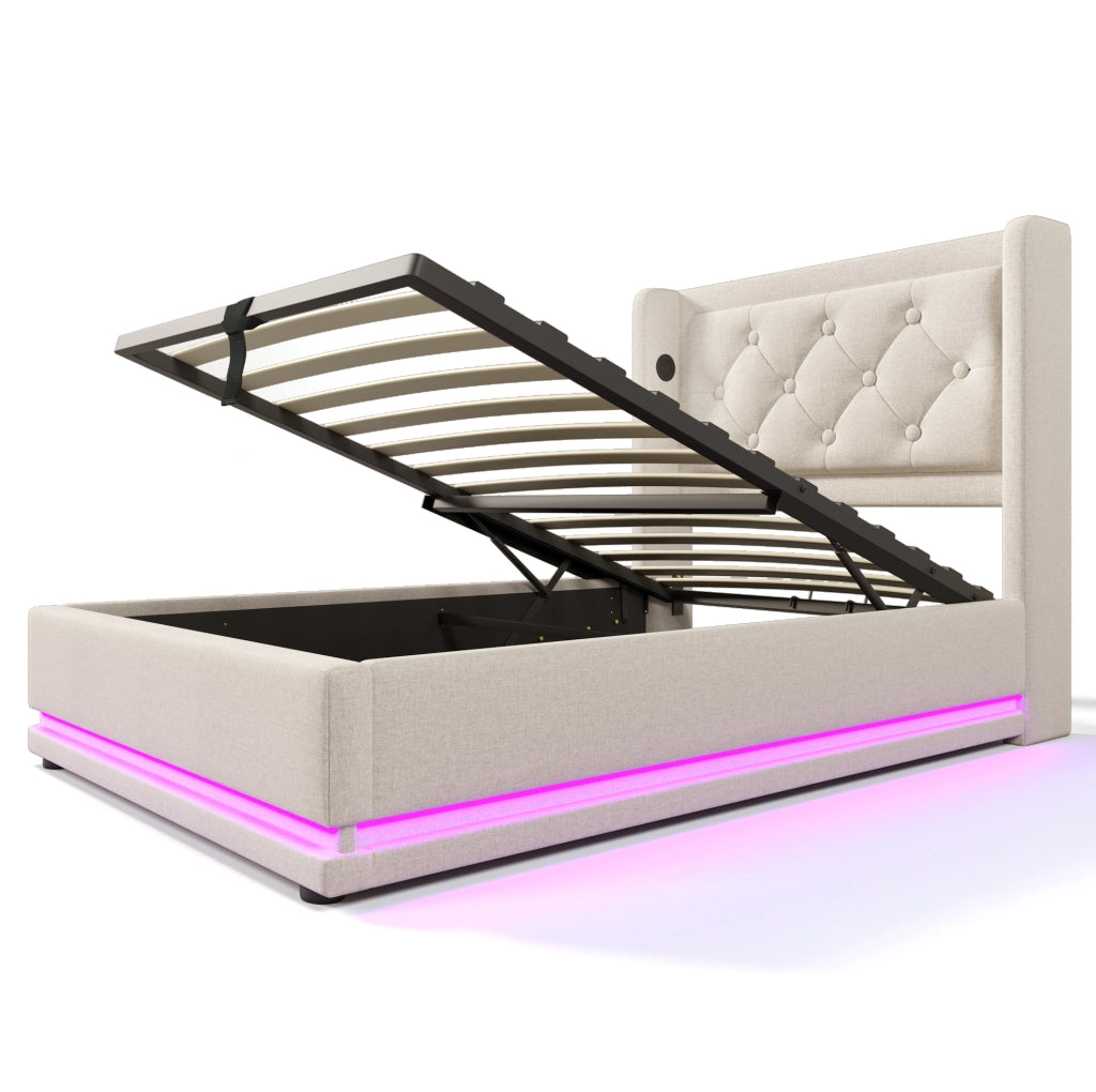 Letto imbottito con contenitore 90x200 cm; USB Type-C; LED 3 lati; beige in cotone