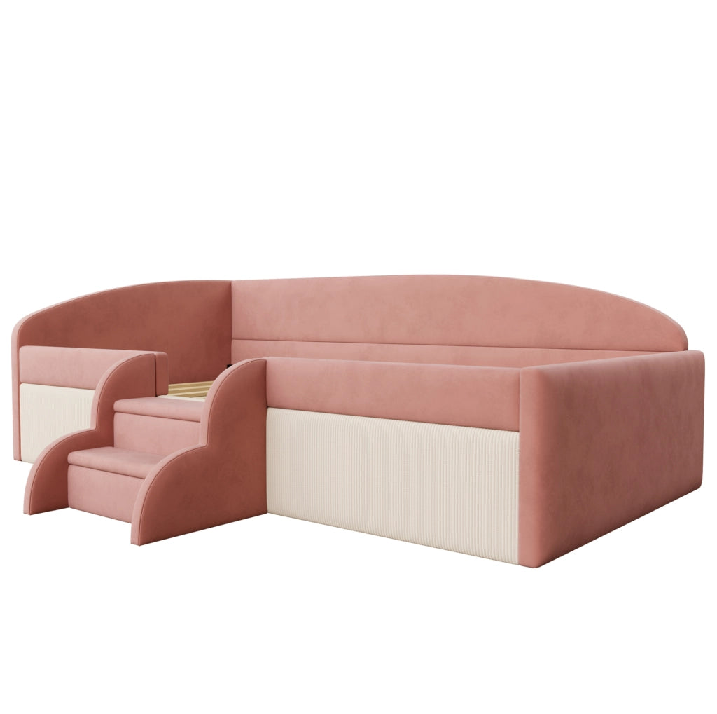 Letto imbottito 90x190 cm con gradini e sponde in velluto rosa e bianco crema