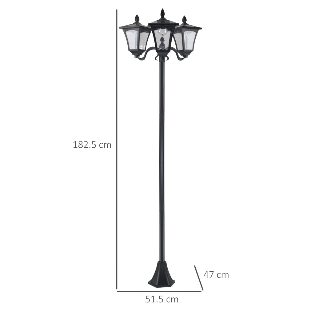 Lampada solare da giardino a 3 luci in acciaio inox nero, IP44, 51,5 x 47 x 182,5 cm