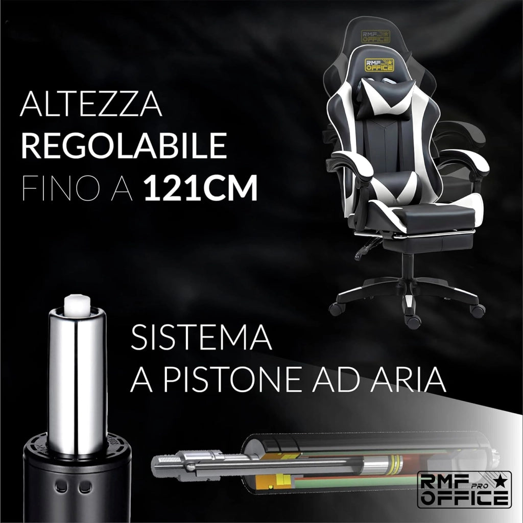 RMF Sedia Gaming Professionale Ergonomica Reclinabile, Poltrona Gaming Seduta Comoda e Rilassante con Poggiapiedi - Sedia per Gamer con Ruote Girevoli, Altezza Regolabile (Bianca-Nero)