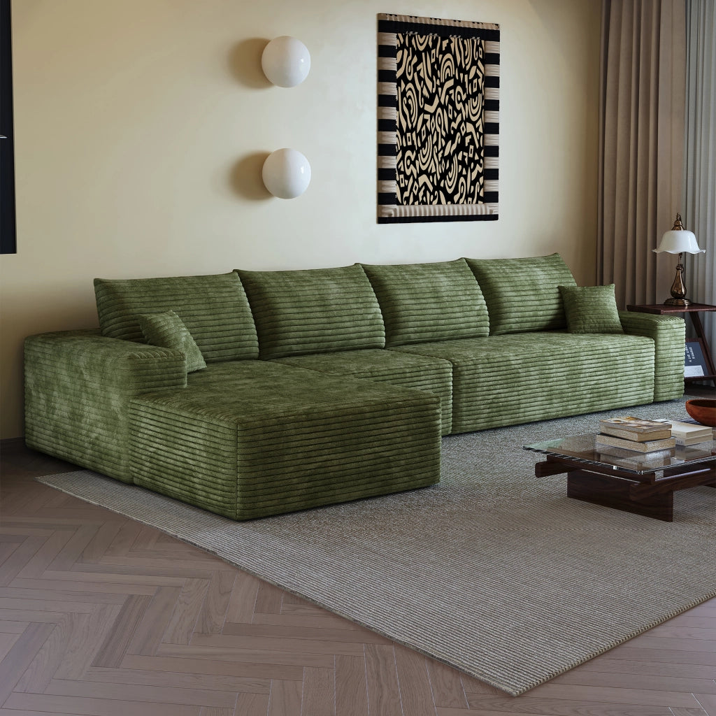 Divano ad angolo modulare con chaise longue e schiuma ad alta elasticità senza montaggio in tessuto verde