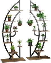 Scaffale per Piante a 7 Livelli, Scaffale a Forma di Mezza Luna con Gancio e Dispositivo Antiribaltamento, Porta Piante e Fiori per Interno e Soggiorno, 60 x 30 x 155 cm (2 PEZZI)