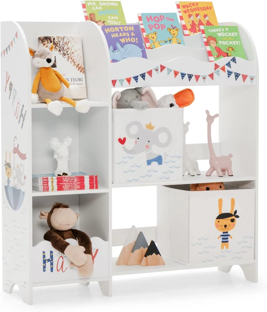 Armadio per Bambini, Scaffale di Legno con 3 Livelli e 5 Scompartimenti, 2 Cassetti in Tessuto e 3 Spazi per Giocattoli e Libri, Scaffale Verticale per Bambini, Bianco (Pirata Animale)