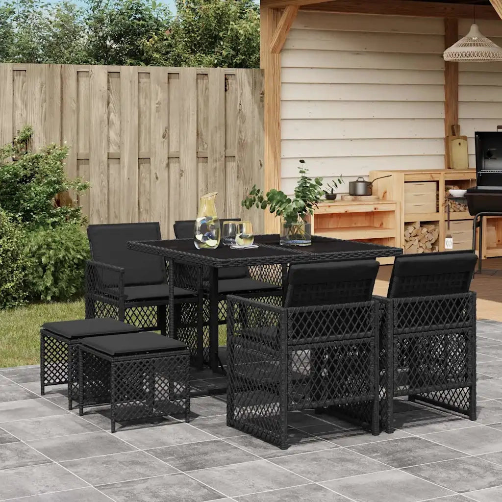 Set da Pranzo da Giardino 9 pz | Set Salotto da Giardino con Cuscini Nero in Polyrattan