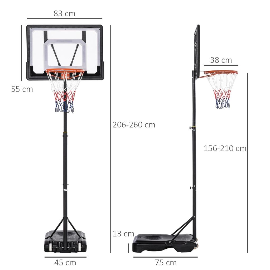 Canestro da basket per esterni, supporto regolabile in altezza per bambini con ruote, nero, 83 x 75 x 206-260 cm