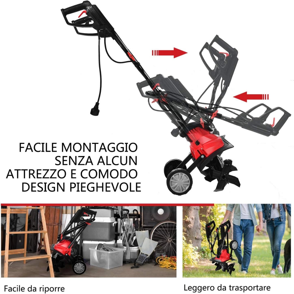 Motozappa Elettrica 1200W/1500W, Zappatrice Elettrica con Maniglia Pieghevole, Ruote Regolabili, 4/6 Lame, Velocità 365/400 PRM, Profondità 22 cm, Larghezza 35/43 cm (Rosso, 1200 W)