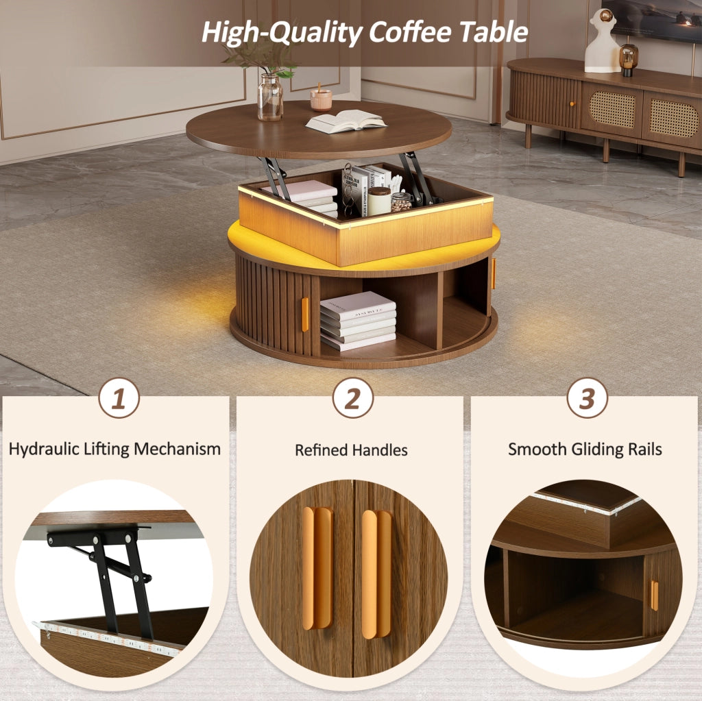 Tavolino da caffè rotondo 75 cm regolabile in altezza con LED e vano contenitore; colore noce