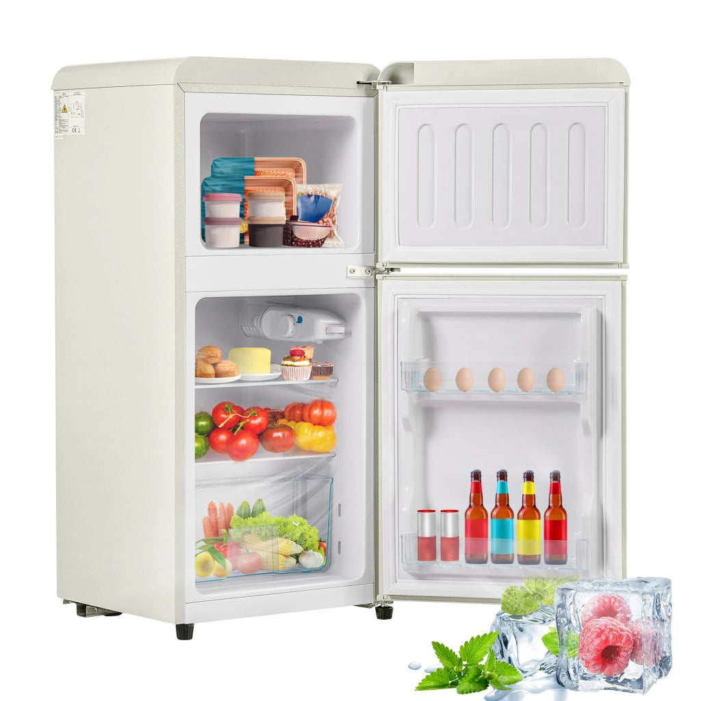 Frigorifero/congelatore in stile retr¨°. Altezza 88,8 cm, larghezza 45,5 cm, due porte, capacit¨¤ totale 60 litri, scomparto congelatore 22 litri.