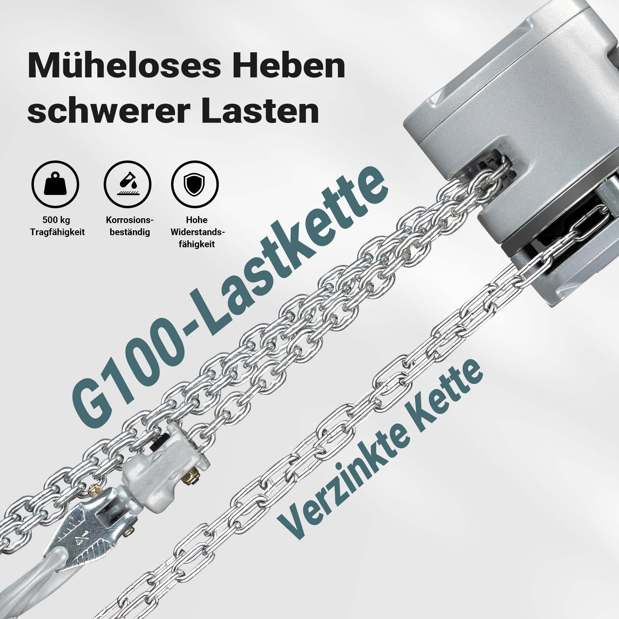 Paranco a catena manuale VX-0.25 in alluminio, capacità di carico 250 kg, altezza di sollevamento 3 m, catena di carico G100, leggero e compatto, per impieghi gravosi