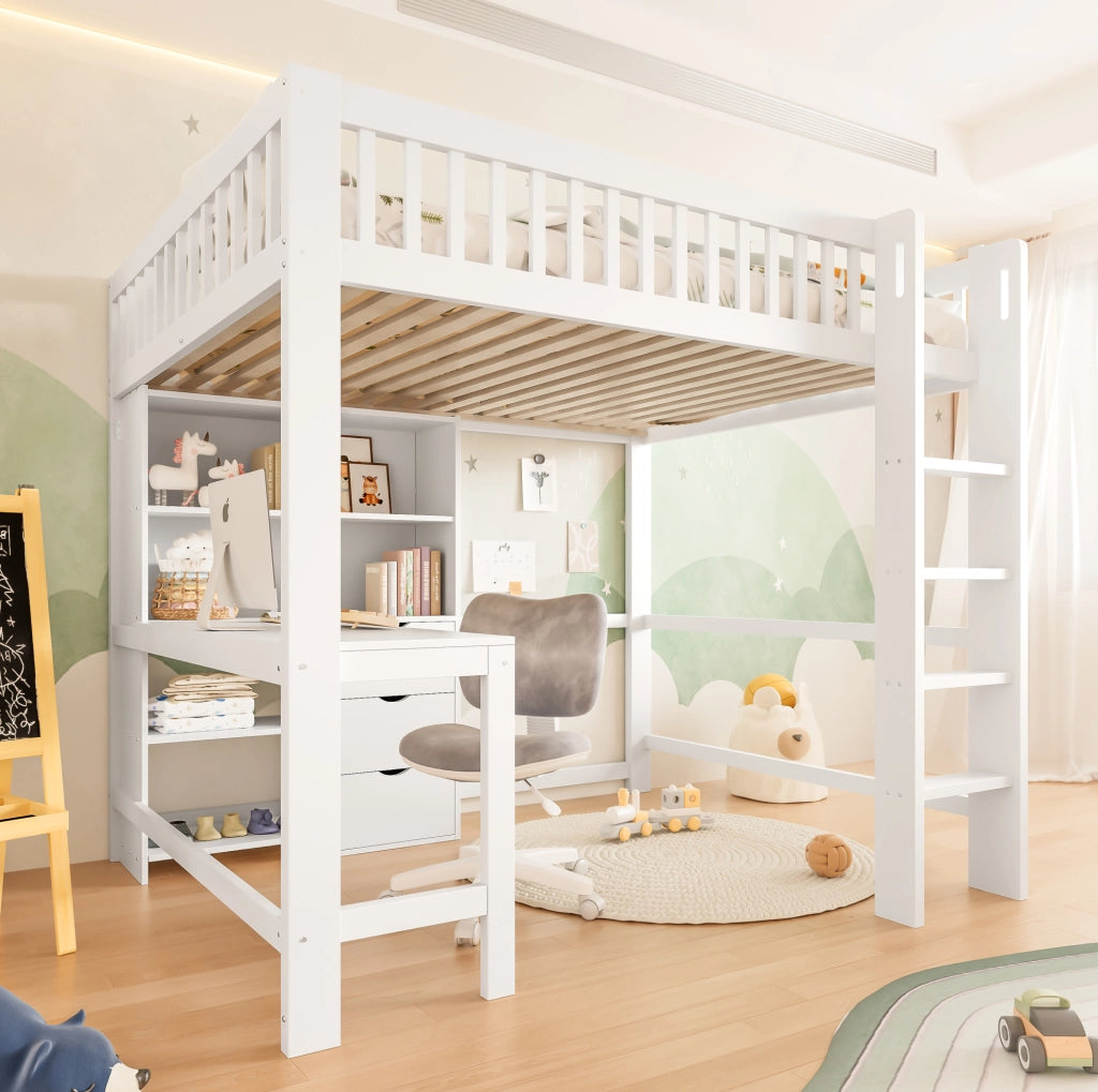 Letto a soppalco bianco 140x200 cm con scrivania e 3 cassetti