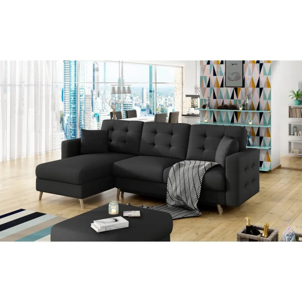 Divano angolare convertibile HASGARD 3 posti nero 248x162 cm - con vano contenitore e piedi in legno