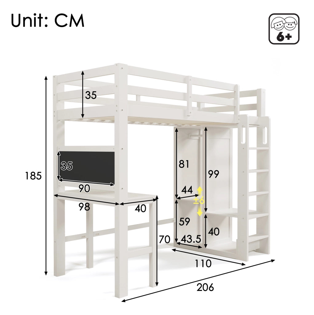 Letto a soppalco 90x200 cm con scrivania; lavagna e armadio aperto; bianco in legno