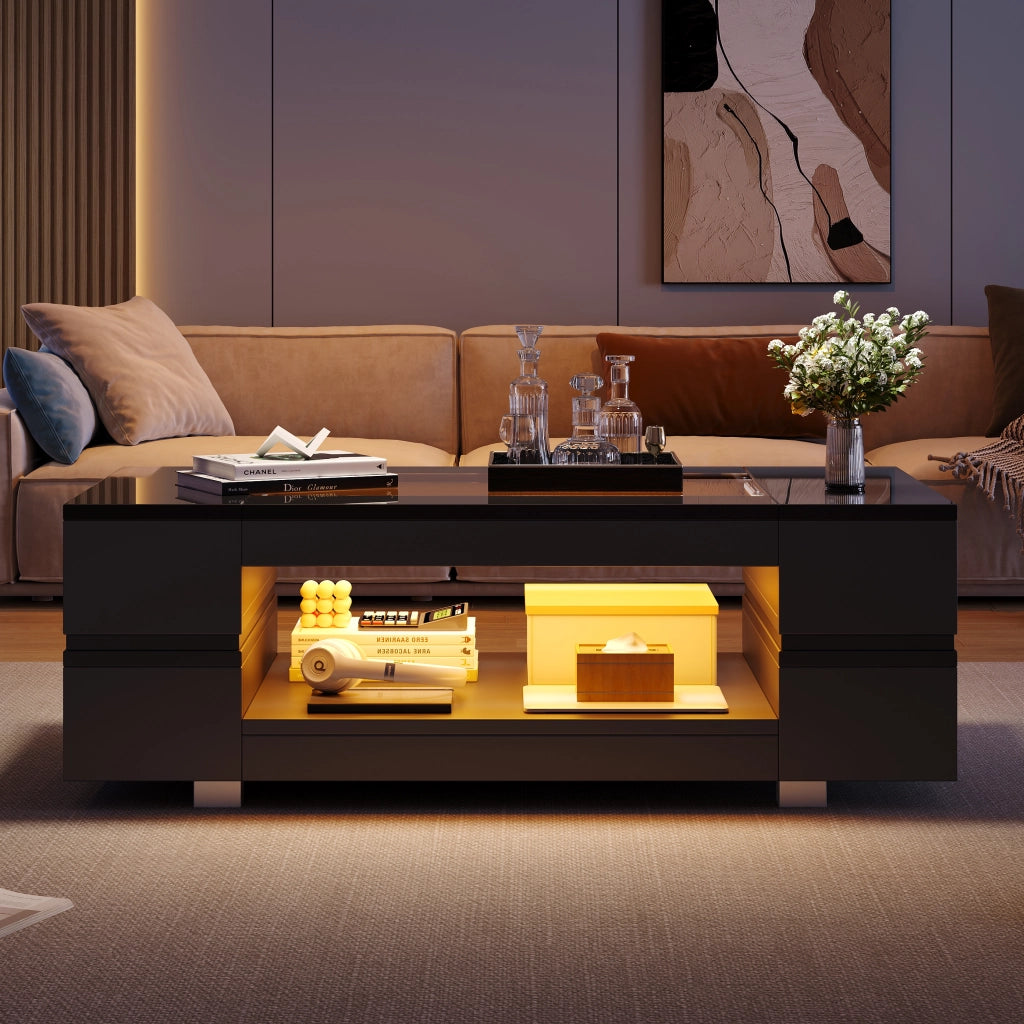 TAVOLINO DA CAFFÈ LED 100x50x35 cm Nero in truciolare e vetro temperato
