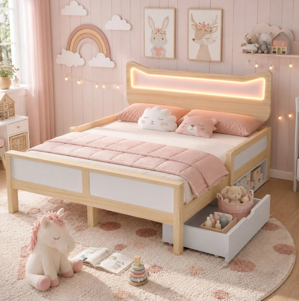 Letto per bambini 140 x 200 cm con testiera a gatto e LED RGB