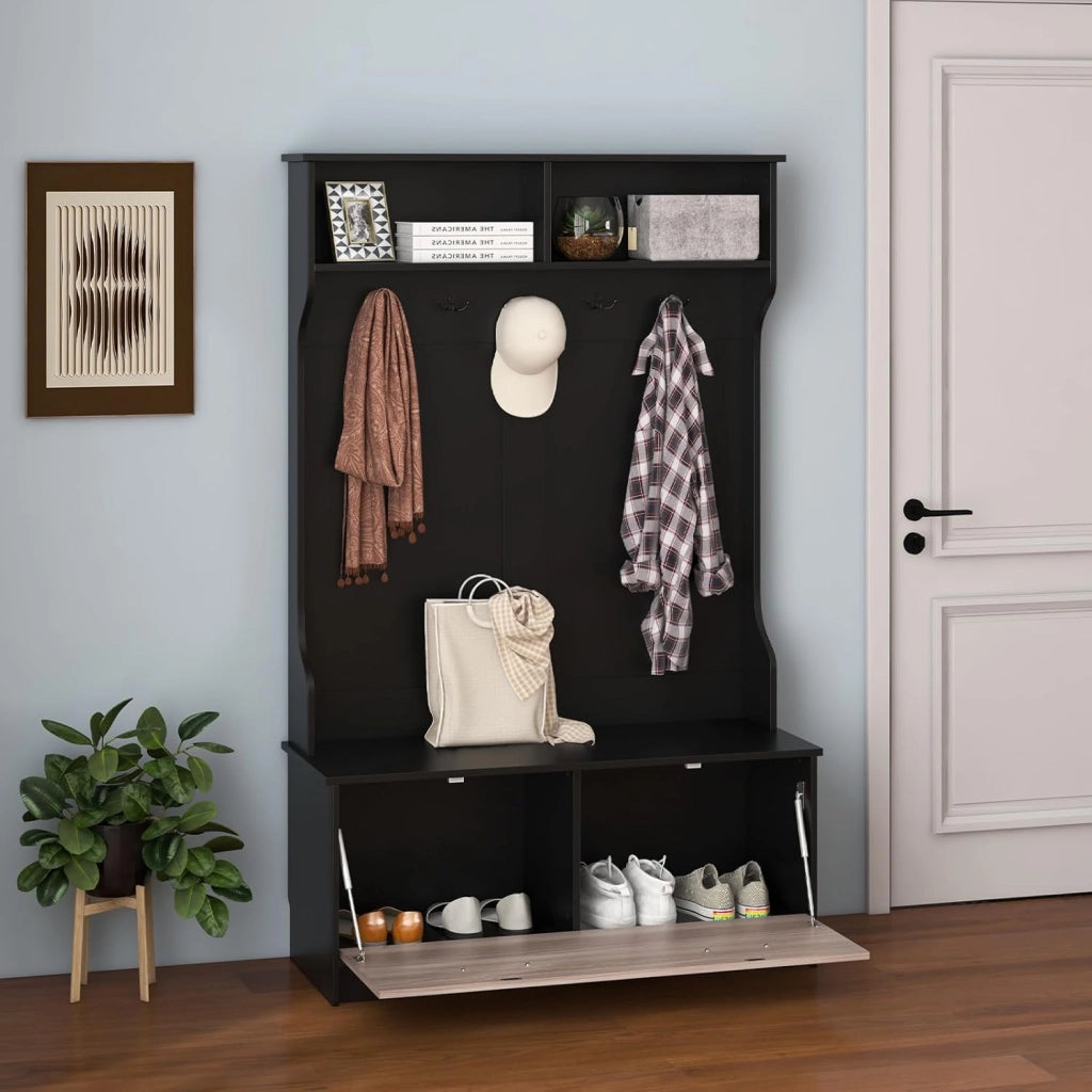 Armadio con Appendiabiti Multifunzionale, con Panca 5 Ganci Doppi, Organizzatore di Casa Indipendente per Ingresso Camera da Letto, 100x39x160 cm (Nero)