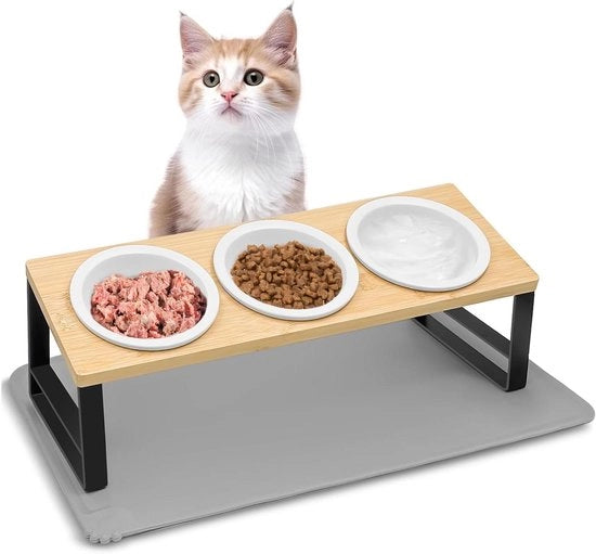 Litteriera Elevata con 3 Basi per Gatti e Cani, Design in Legno e Ceramica con Inclinazione di 15°