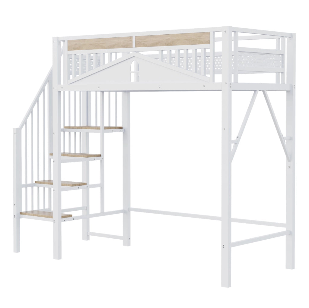 Letto a soppalco 90x200 cm con scala di sicurezza; metallo e legno