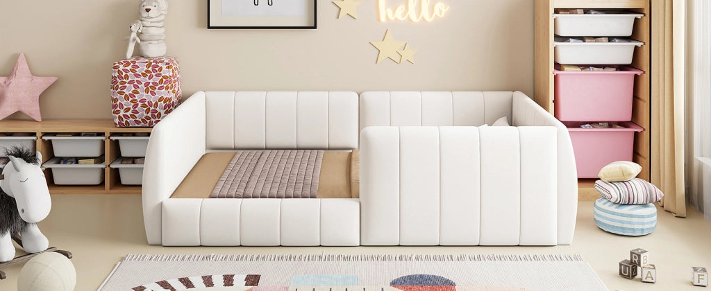 DESMIU Letto bambino 90 × 200 cm con sponda di sicurezza, in MDF e velluto, senza materasso, beige