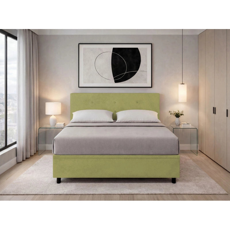 Letto imbottito Matrimoniale 180x200 cm Button - Contenitore,Microfibra,Tè verde