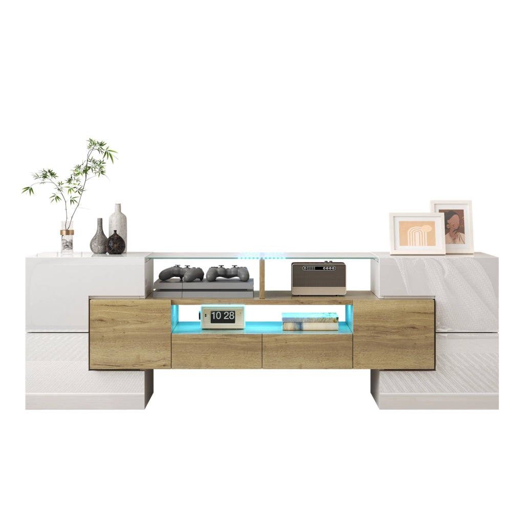 Mobile TV moderno con LED 145 cm; bianco e oro; in MDF con ante e cassetti
