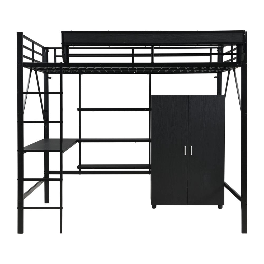 Letto a Soppalco con Scrivania e Armadio ¨C MINIMAL ¨C Ferro e MDF, Nero, 140x200