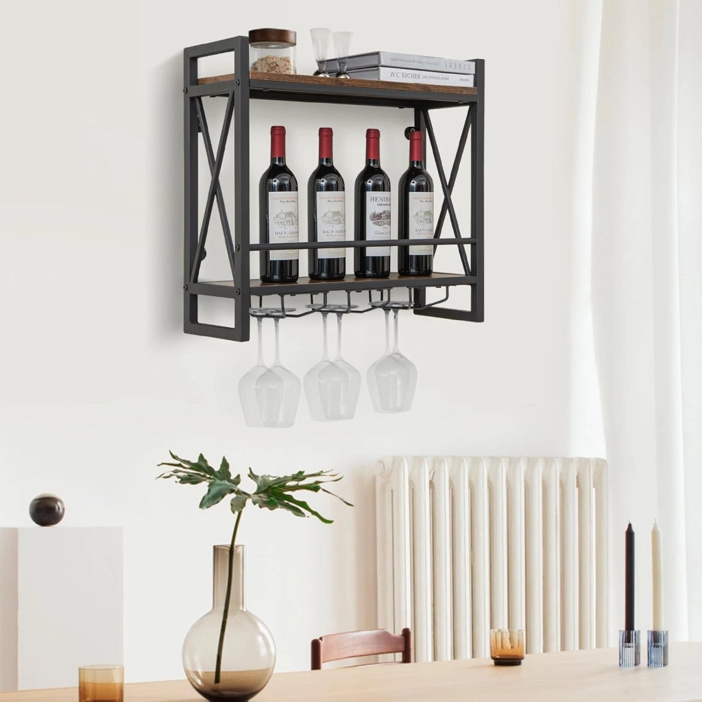 Scaffale per Vino da Parete, Portabottiglie da Parete a 2 Livelli con Supporto in Vetro, Portabottiglie da Vino per Cucina, Casa, 60x20x55 cm