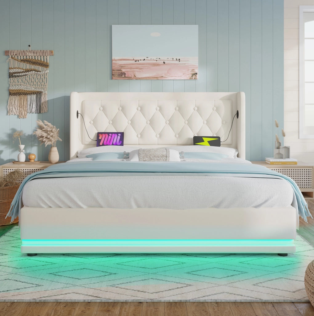 Letto contenitore imbottito 160x200 cm in PU bianco con LED e USB Type-C