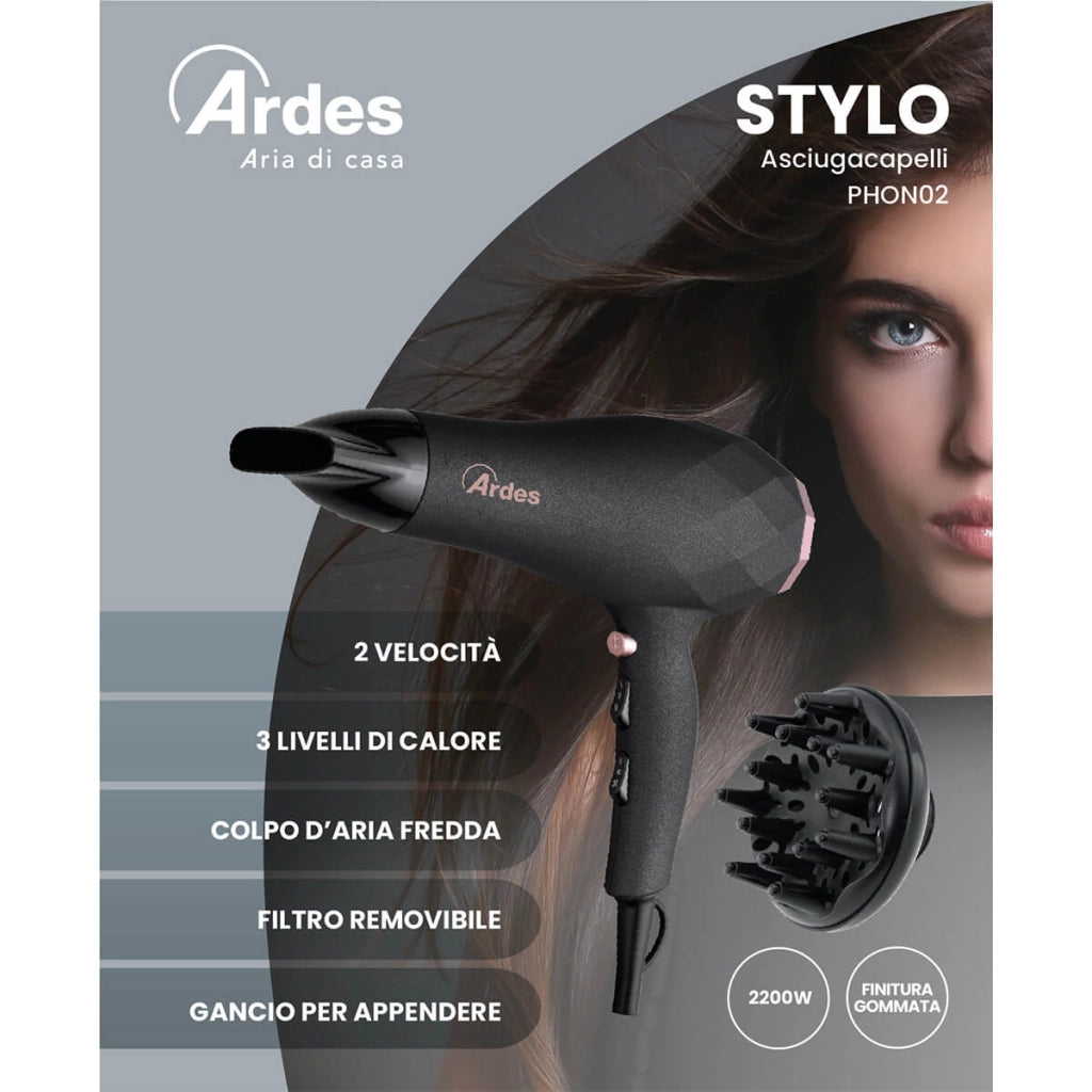 ASCIUGACAPELLI con diffusore con velocità e livelli di calore 'STYLO' 2200W  - ARDES