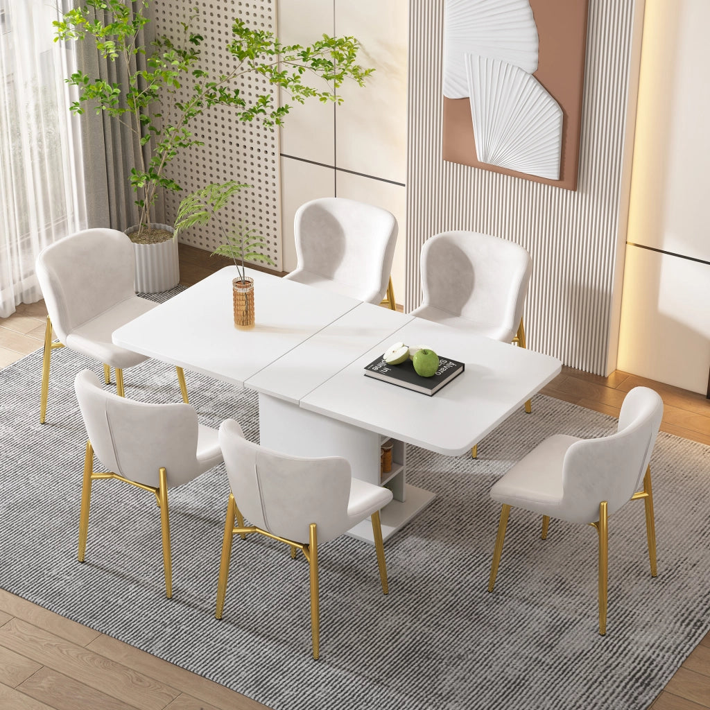 Tavolo da pranzo allungabile rettangolare in truciolare e metallo, bianco, multifunzione per cucina e soggiorno