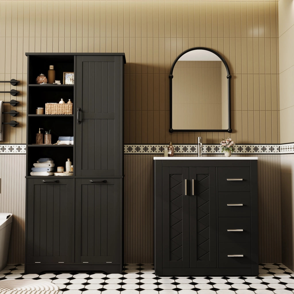 Mobile bagno in MDF 78 x 35 x 172,7 cm, con finitura laccata resistente all¡¯umidit¨¤, 2 cesti portabiancheria, 1 anta e ripiani regolabili, nero